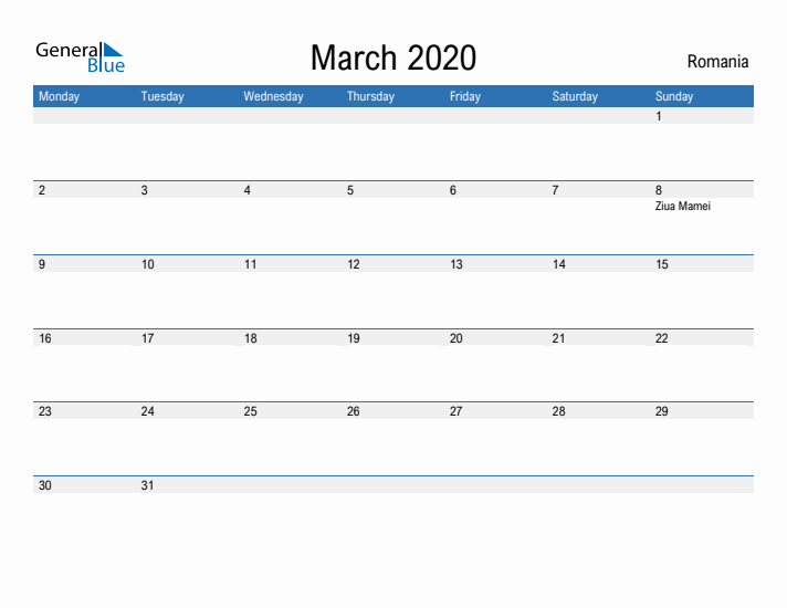 Fillable March 2020 Calendar