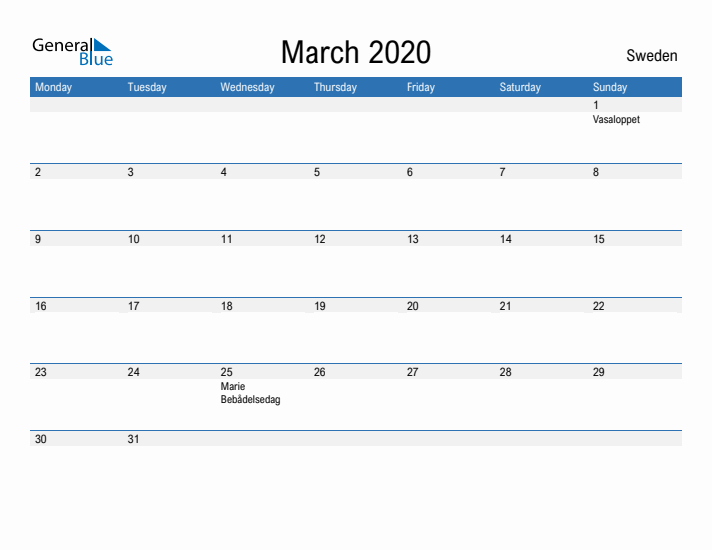 Fillable March 2020 Calendar