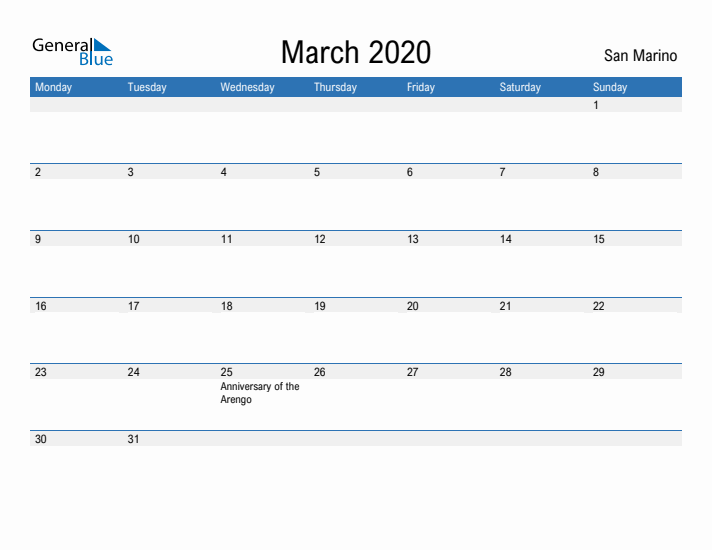 Fillable March 2020 Calendar