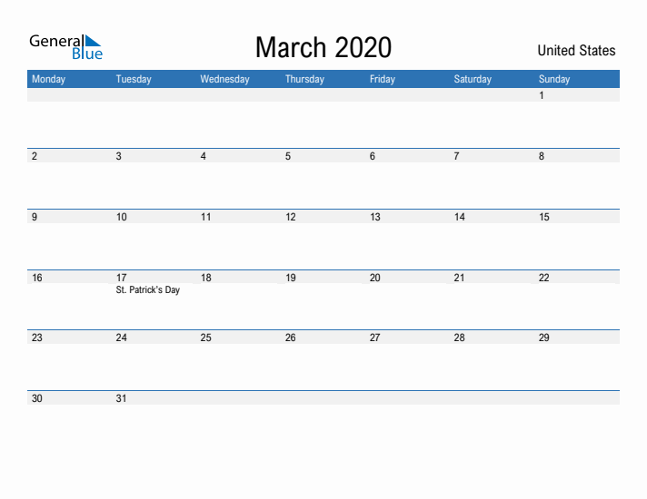 Fillable March 2020 Calendar