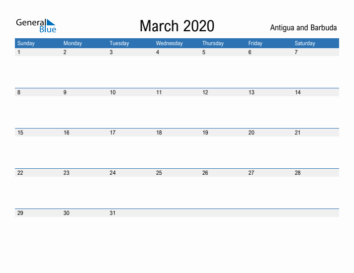 Fillable March 2020 Calendar