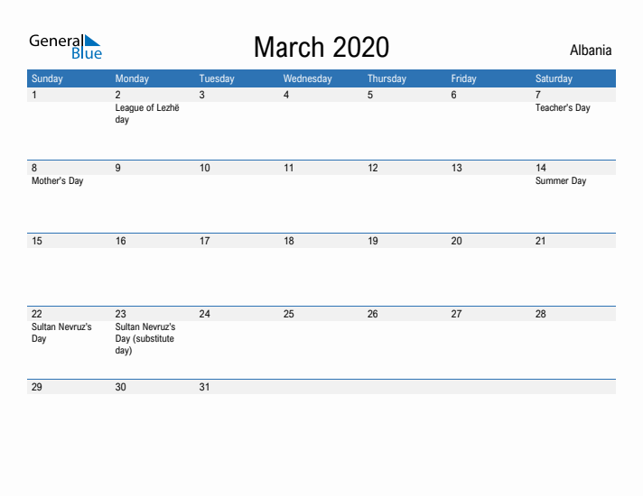 Fillable March 2020 Calendar