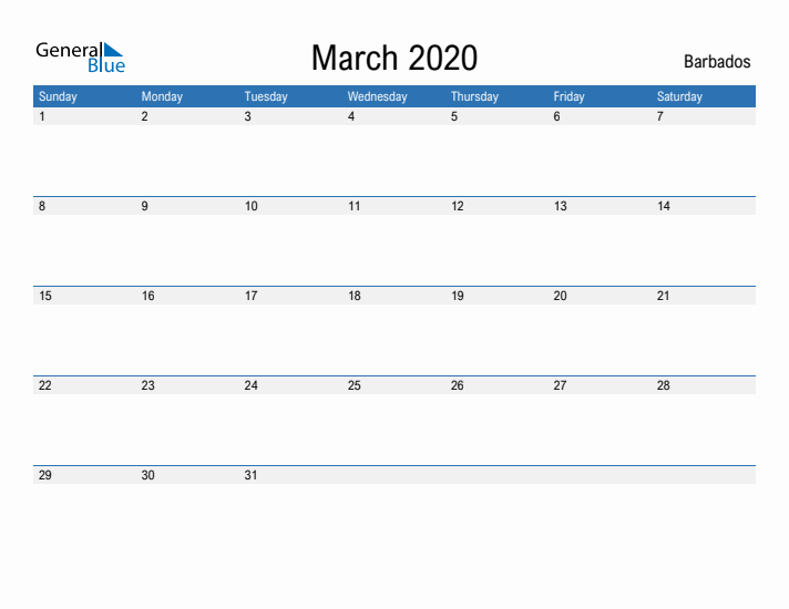 Fillable March 2020 Calendar