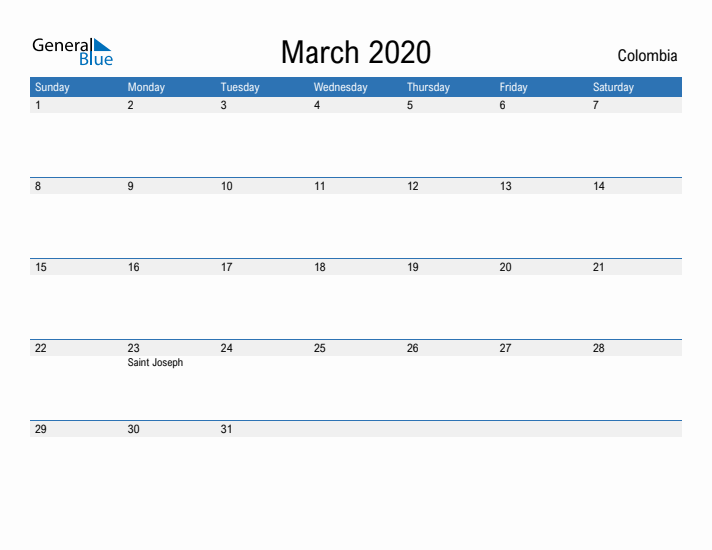 Fillable March 2020 Calendar