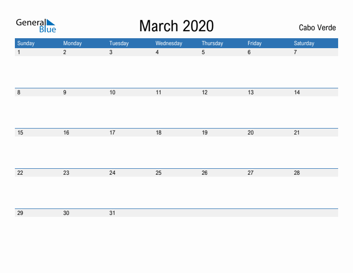 Fillable March 2020 Calendar