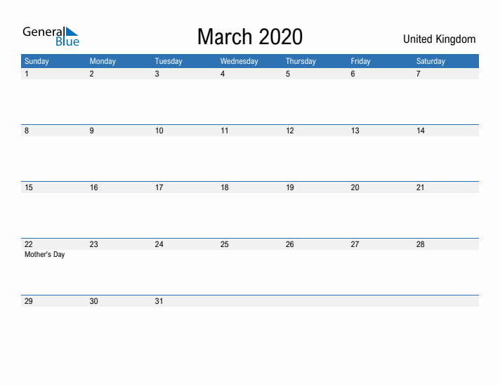 Fillable March 2020 Calendar