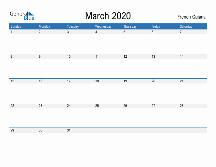 Fillable March 2020 Calendar