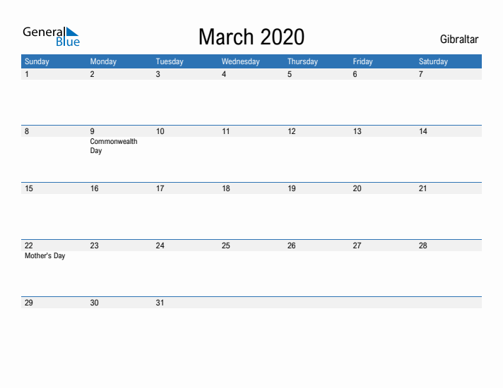 Fillable March 2020 Calendar