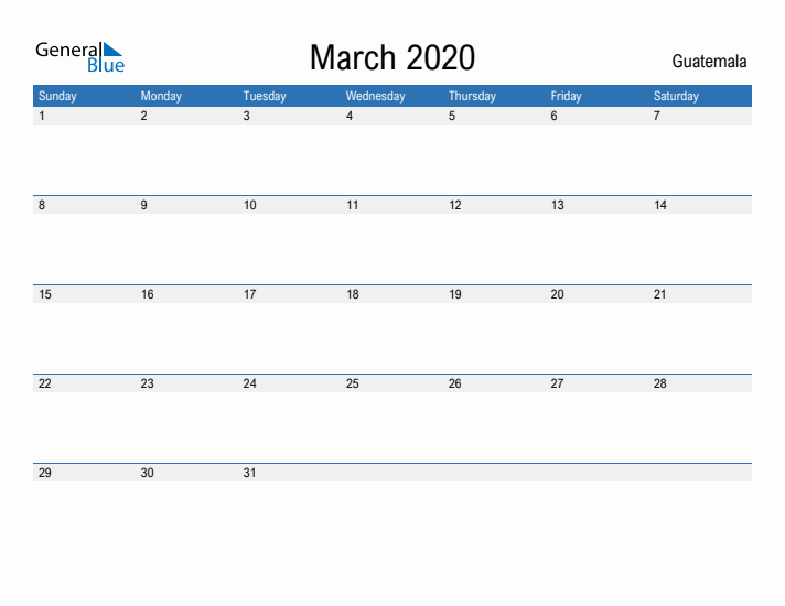 Fillable March 2020 Calendar