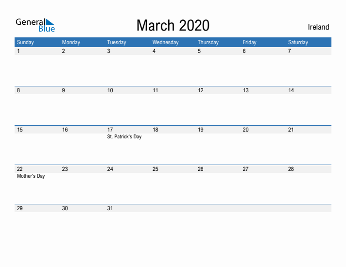 Fillable March 2020 Calendar