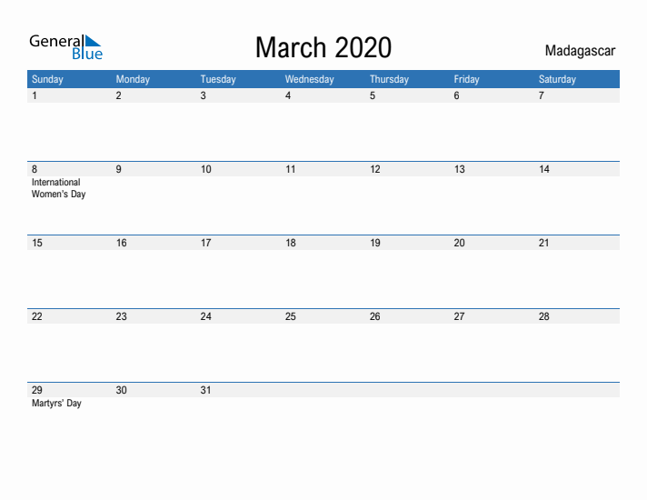 Fillable March 2020 Calendar