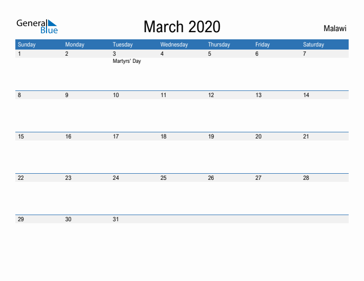 Fillable March 2020 Calendar