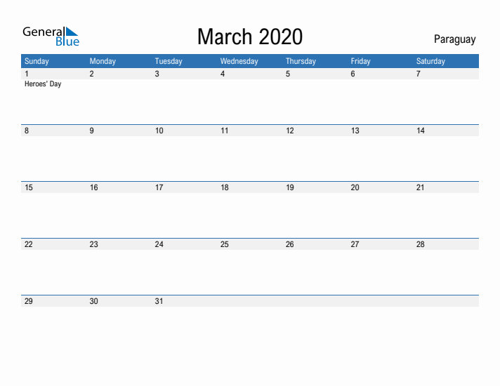 Fillable March 2020 Calendar