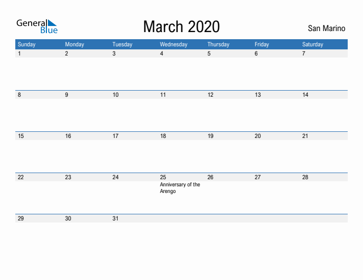 Fillable March 2020 Calendar