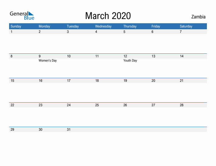 Fillable March 2020 Calendar