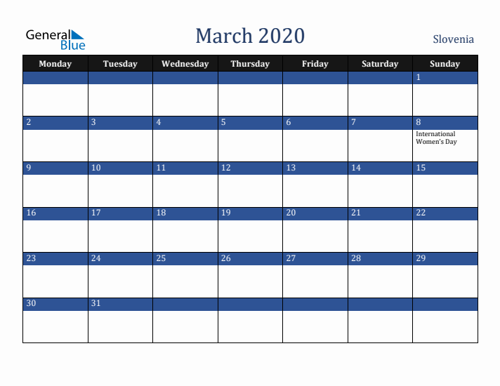 March 2020 Slovenia Calendar (Monday Start)