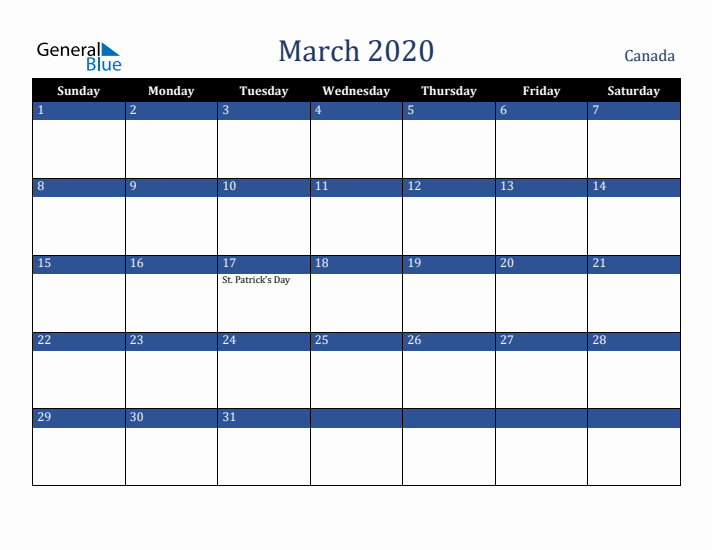 March 2020 Canada Calendar (Sunday Start)