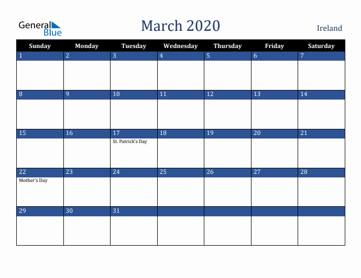 March 2020 Ireland Calendar (Sunday Start)