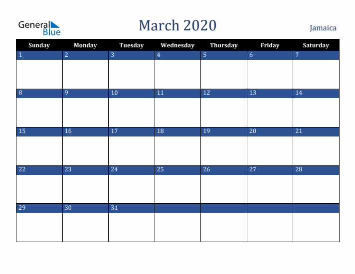 March 2020 Jamaica Calendar (Sunday Start)