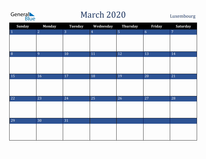 March 2020 Luxembourg Calendar (Sunday Start)