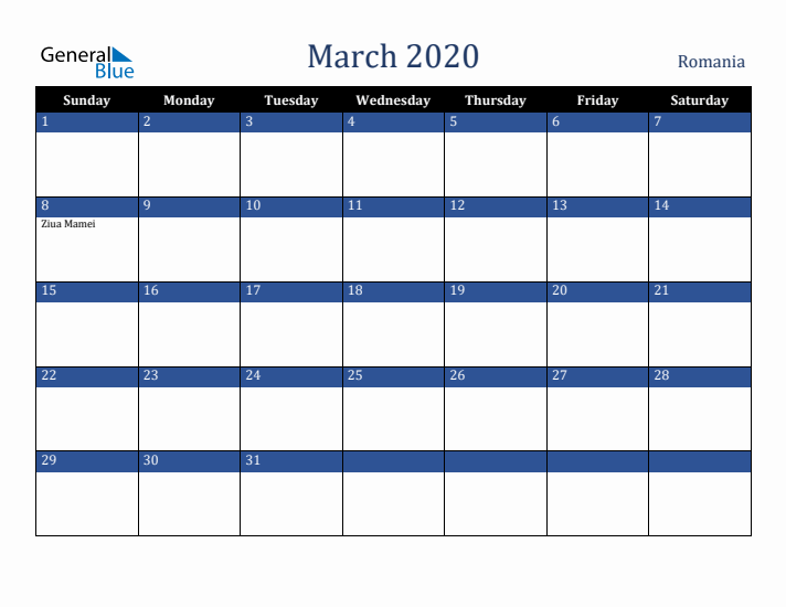 March 2020 Romania Calendar (Sunday Start)