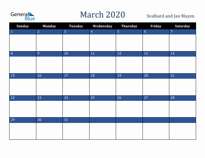 March 2020 Svalbard and Jan Mayen Calendar (Sunday Start)