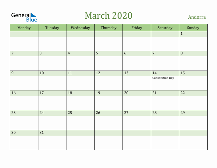 March 2020 Calendar with Andorra Holidays