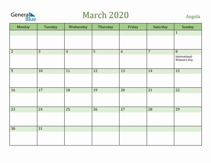 March 2020 Calendar with Angola Holidays