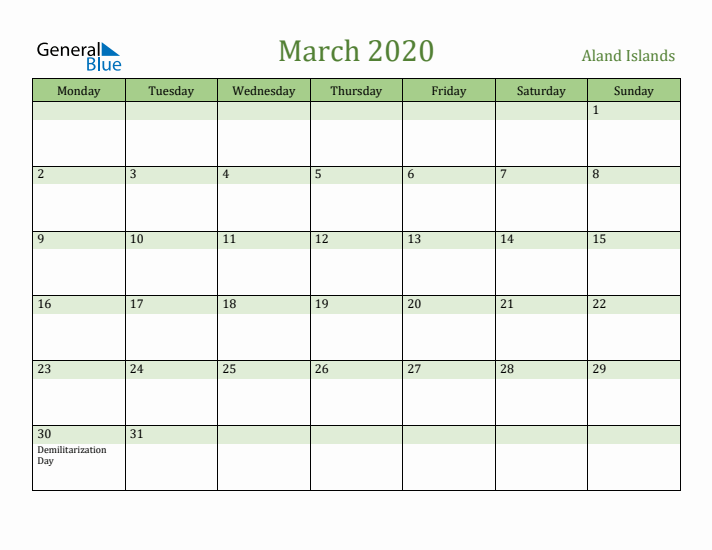 March 2020 Calendar with Aland Islands Holidays