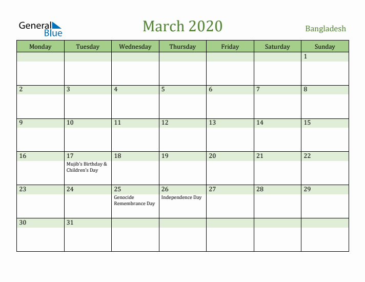 March 2020 Calendar with Bangladesh Holidays