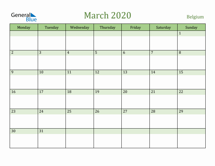 March 2020 Calendar with Belgium Holidays