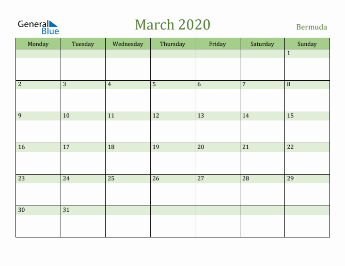 March 2020 Calendar with Bermuda Holidays