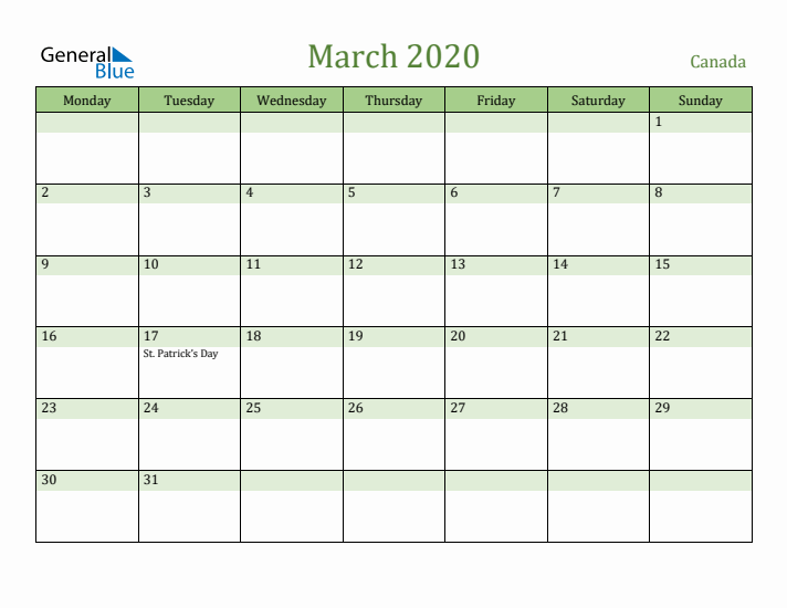 March 2020 Calendar with Canada Holidays