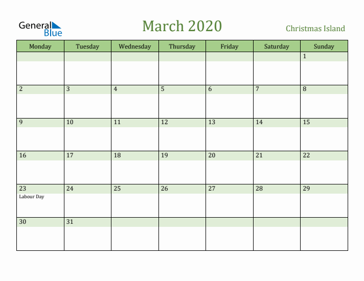 March 2020 Calendar with Christmas Island Holidays