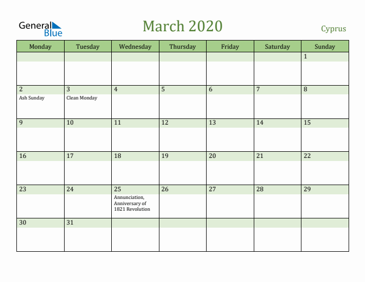 March 2020 Calendar with Cyprus Holidays