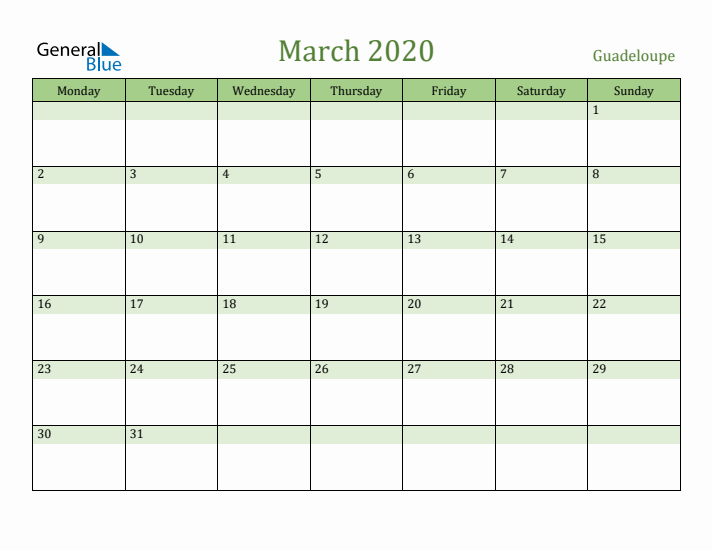 March 2020 Calendar with Guadeloupe Holidays