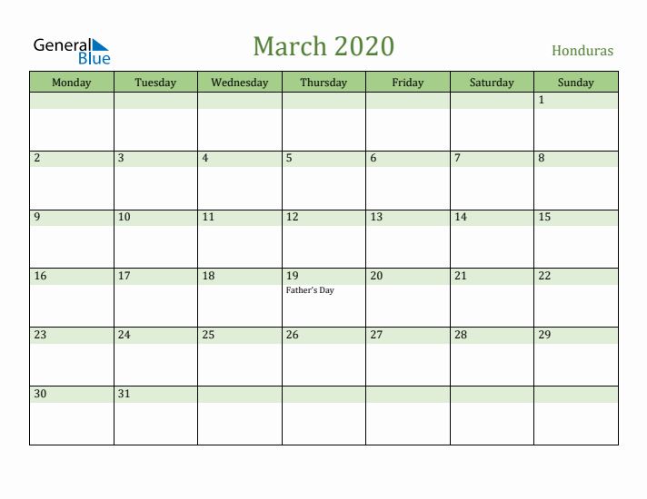 March 2020 Calendar with Honduras Holidays