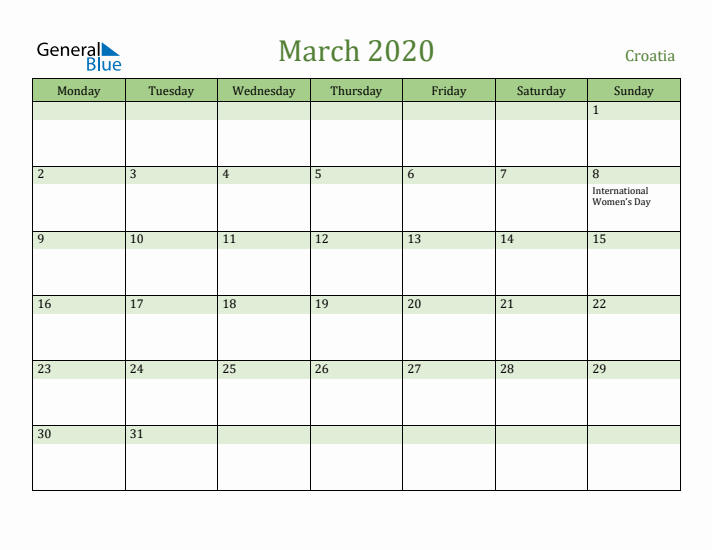 March 2020 Calendar with Croatia Holidays