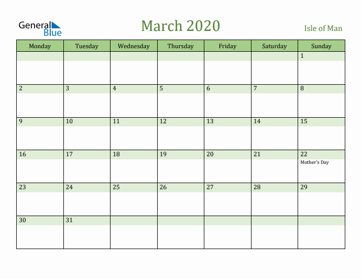 March 2020 Calendar with Isle of Man Holidays