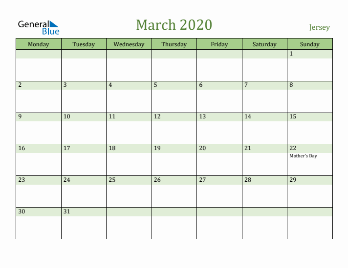 March 2020 Calendar with Jersey Holidays