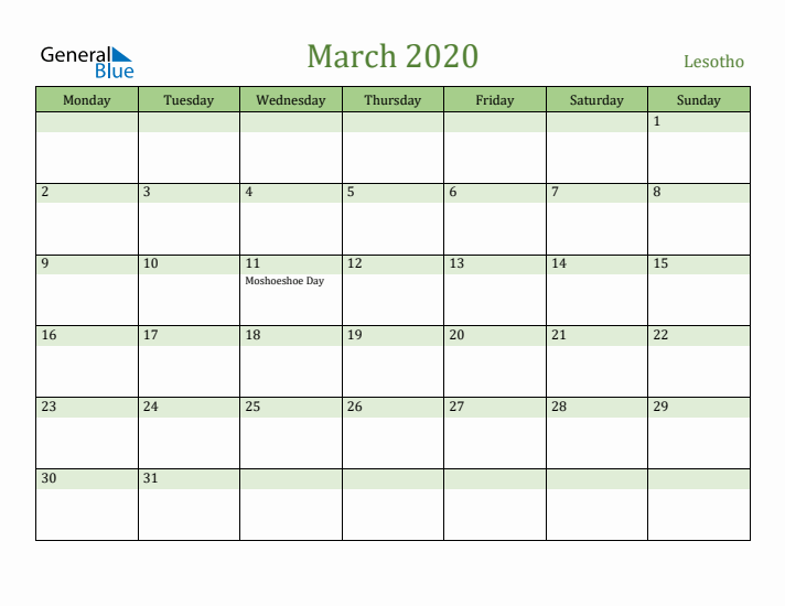 March 2020 Calendar with Lesotho Holidays