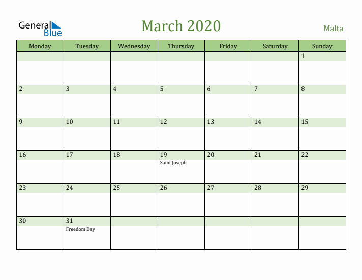 March 2020 Calendar with Malta Holidays