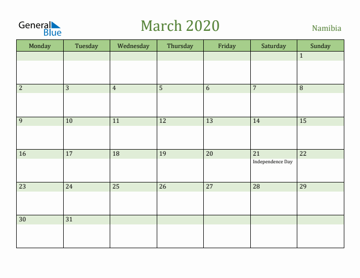 March 2020 Calendar with Namibia Holidays