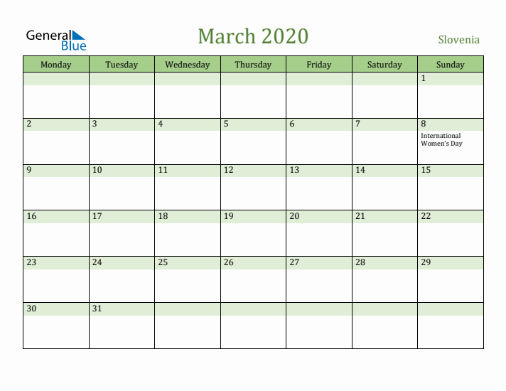 March 2020 Calendar with Slovenia Holidays