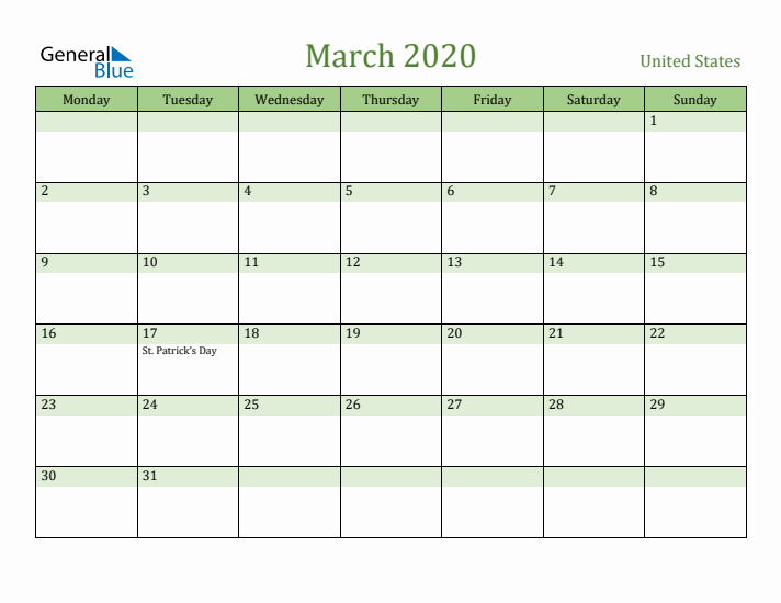 March 2020 Calendar with United States Holidays