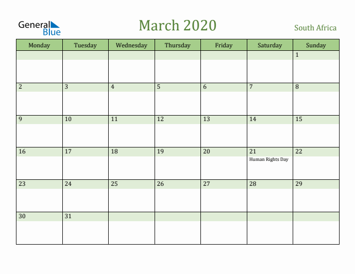 March 2020 Calendar with South Africa Holidays