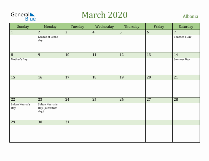 March 2020 Calendar with Albania Holidays