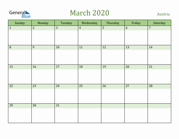 March 2020 Calendar with Austria Holidays