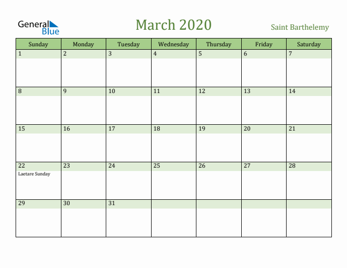 March 2020 Calendar with Saint Barthelemy Holidays