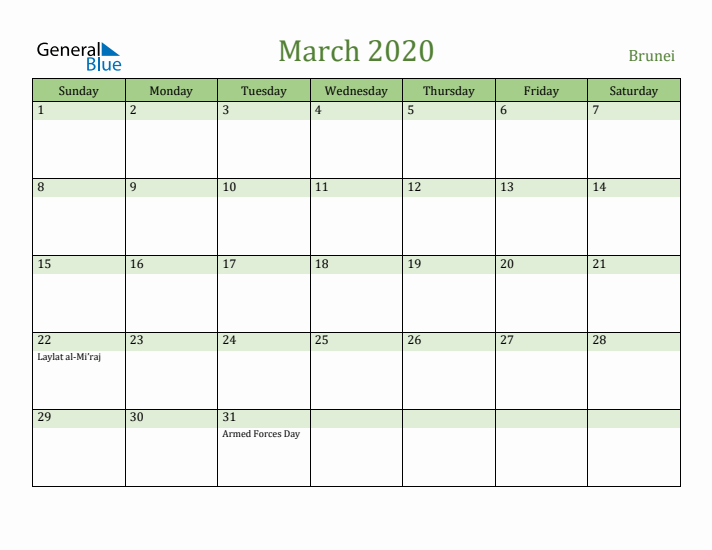 March 2020 Calendar with Brunei Holidays